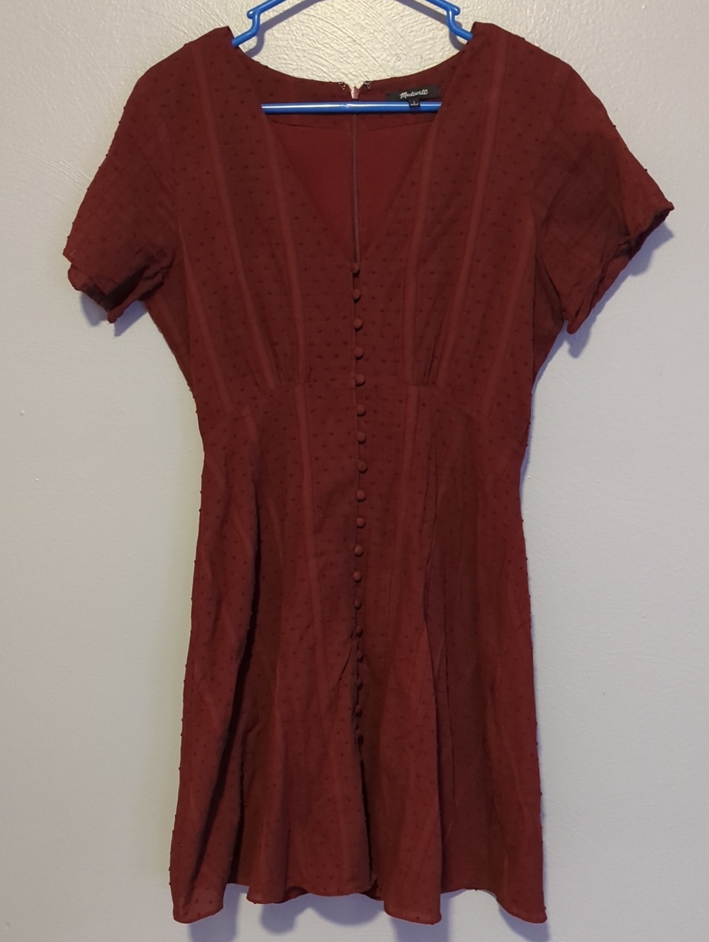 Madewell Brand Button Front Mini Swing Dress In Maroon With Texture Polkadots 2
